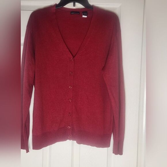 Moda International L Silk Cashmere Button Up Cardigan Womens  Burgundy Sweater - Picture 1 of 5